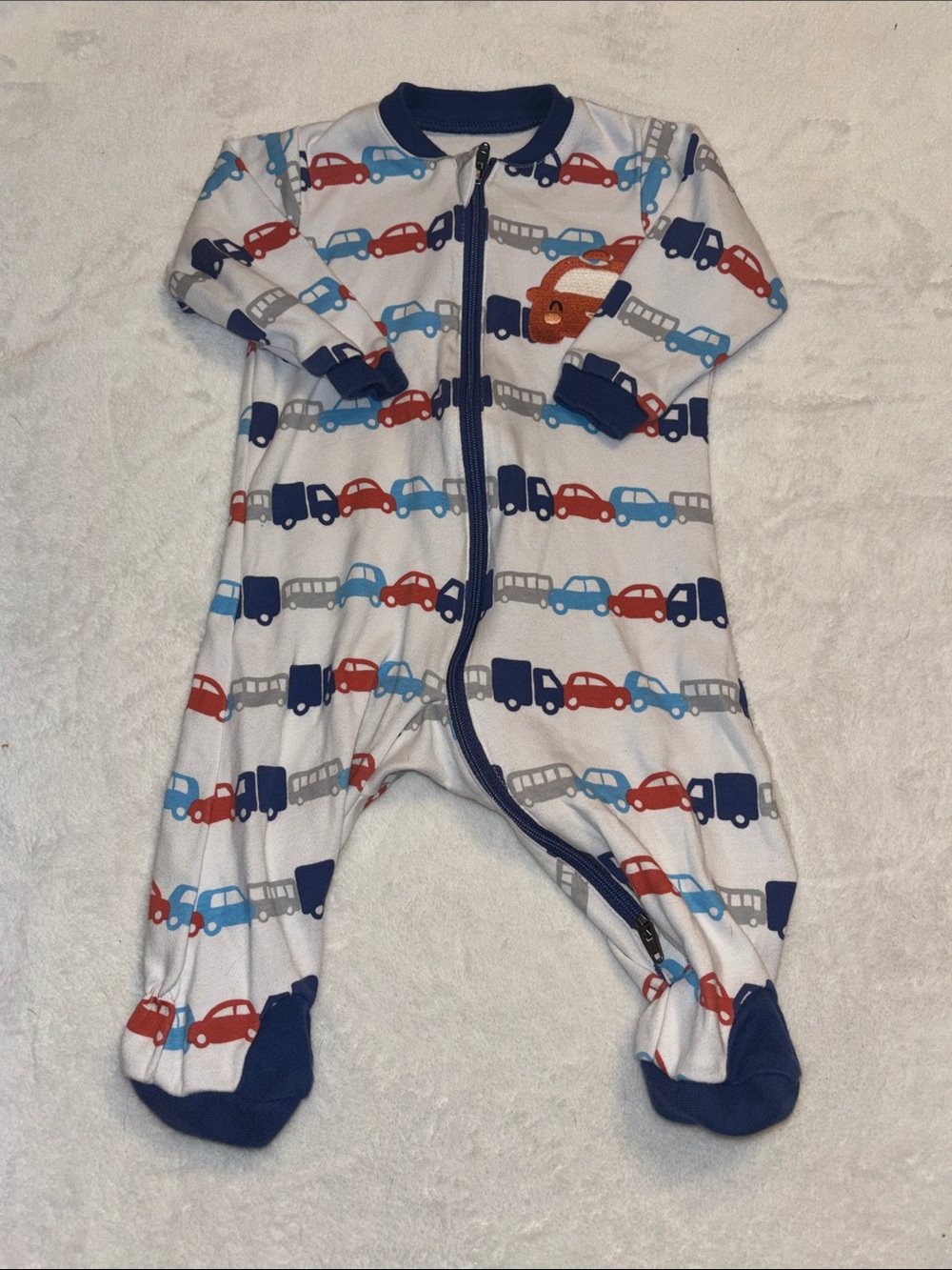 Tuffy White Footed One-Piece with Blue, Red & Gray Car Print